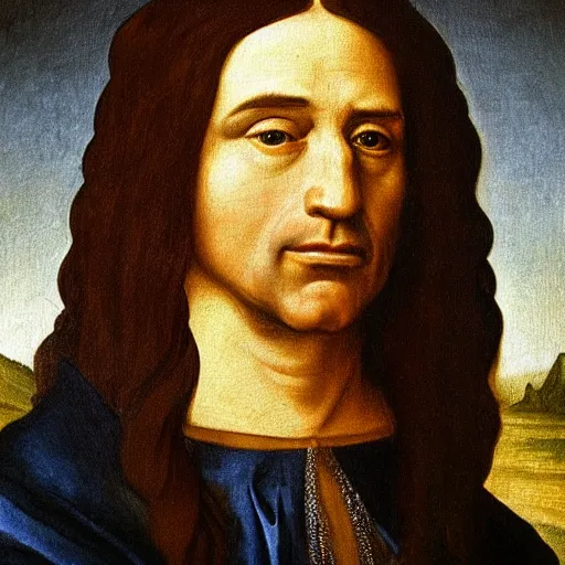 Prompt: Portrait of Joe Biden with long hair in the style of Da vinci, oil painting
