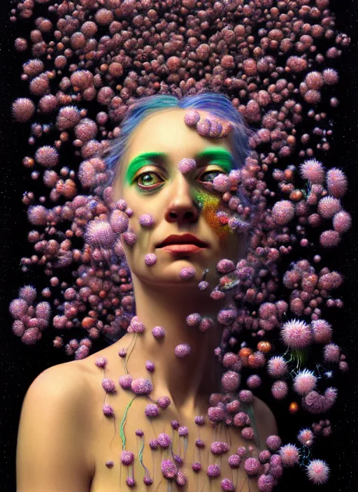 Image similar to hyper detailed 3d render like a Oil painting - Aurora (Singer) Eats of the Strangling Fruit of penance open eyes and Her Hands full of gossamer polyp blossoms bring iridescent fungal flowers whose spores black the foolish stars by Jacek Yerka, Mariusz Lewandowski, Houdini algorithmic generative render, Abstract brush strokes, Masterpiece, Edward Hopper and James Gilleard, Zdzislaw Beksinski, Mark Ryden, Wolfgang Lettl, hints of Yayoi Kasuma, octane render, 8k