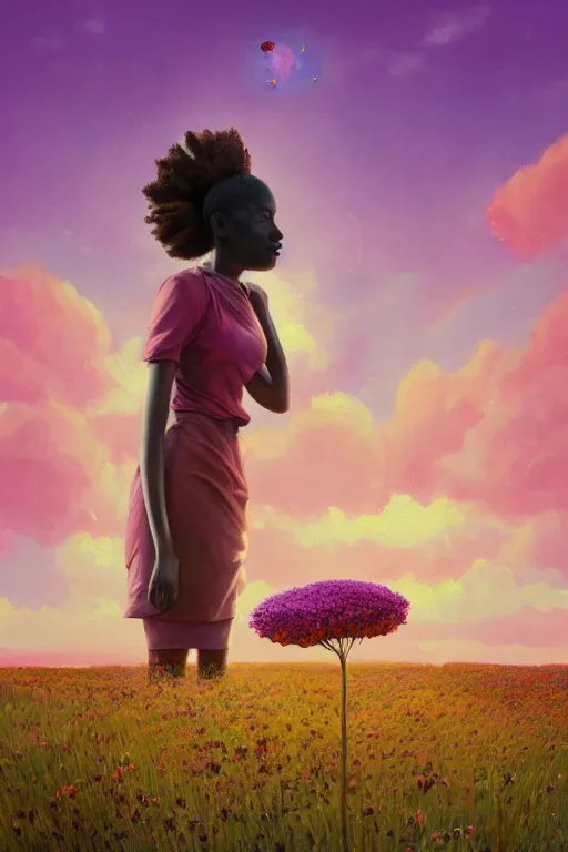 Prompt: closeup, giant flower as head, an african woman in heather field, surreal photography, golden hour, colorful clouds, impressionist painting, digital painting, artstation, simon stalenhag