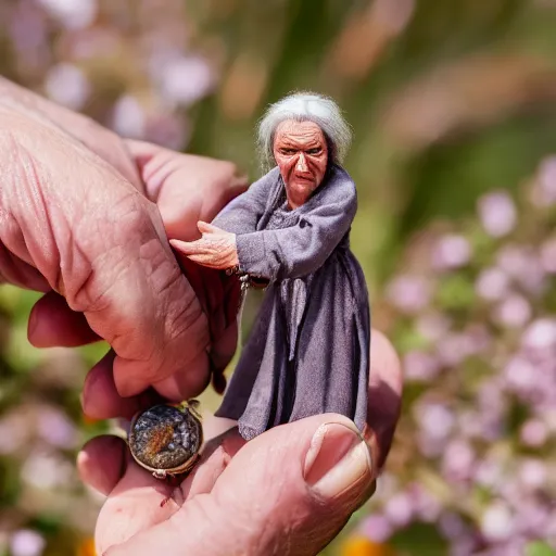 Image similar to miniature ancient old woman in palm of giant hand, short dof, macro photo, tiltshift, cutest, large head, tiny body, hyper realistic, minutely detailed, 8 k