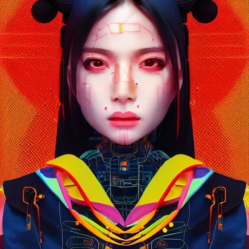 Image similar to centered symmetrical portrait of a persian cyberpunk cyborg japanese girl in kimono with glowing cybernetics, hyperdetailed, digital painting, trending on Artstation, cel-shading style, CG society, hyperdetailed, digital painting, hypermaximalist, golden ratio, volumetric, octane render, weta digital, micro details, 3d sculpture