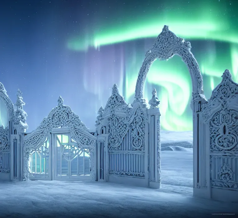 Image similar to a very detailed concept art of intricate and scandinavian white gates to aurora borealis, trending on artstation, symmetry, digital art, 4 k, hyper realistic, octane render, sharp focus