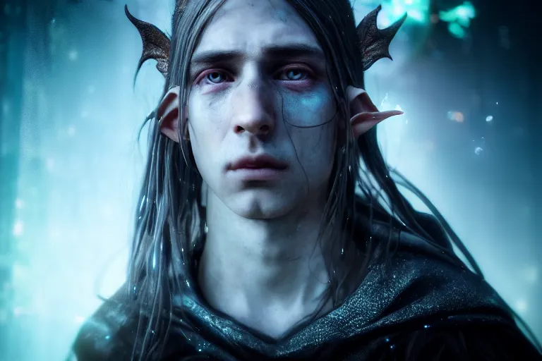 Image similar to an ultra realistic, cinematic, fantasy, headshot portrait, of an elden ring elf, fairy lights, facial features, stood outside an abandoned church, with futuristic buildings and neon signs, detailed, deep focus, movie still, dramatic lighting, ray tracing, by michal karcz and yoshitaka amano