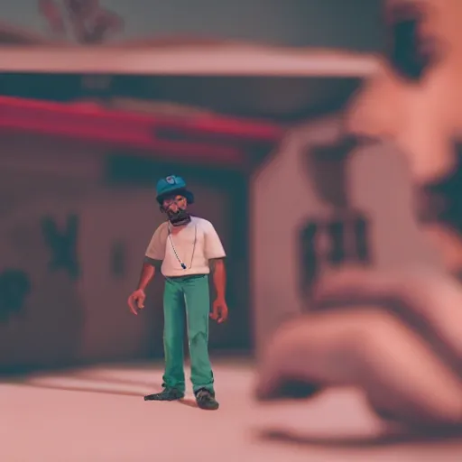 Image similar to a cinematic film still of a claymation stop motion film starring chance the rapper as a college student, shallow depth of field, 8 0 mm, f 1. 8