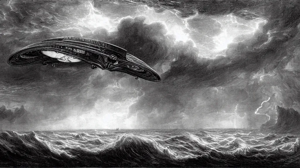 Image similar to drawing of an alien spacecraft flying above a stormy ocean, by gustave dore, nineteenth century, black and white, vintage, science fiction, epic composition, dramatic lighting, highly detailed, cinematic