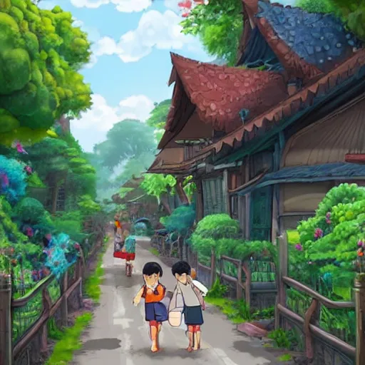 Image similar to indonesian street in the style of studio ghibli