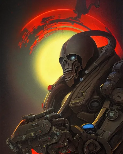 Image similar to reaper from overwatch, character portrait, portrait, close up, concept art, intricate details, highly detailed, vintage sci - fi poster, retro future, in the style of chris foss, rodger dean, moebius, michael whelan, and gustave dore