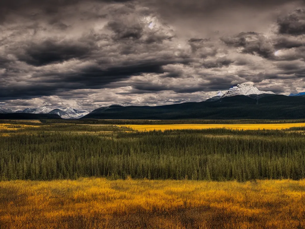 Image similar to Alberta Canada landscape shot , award winning photography, HDR, studio lighting, dynamic pose, medium close shot, shot on Canon EOS R5, f/2.5,