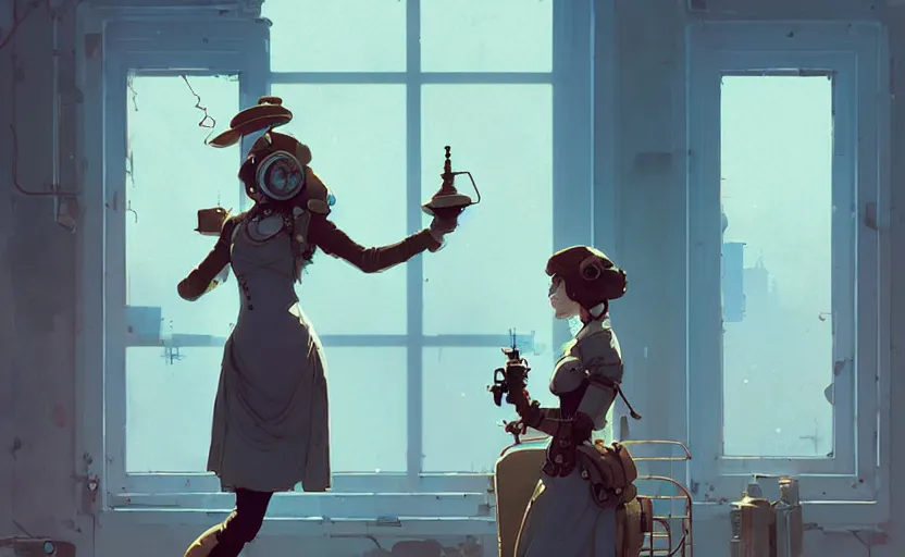 Image similar to female steampunk princess standing near the window by atey ghailan, by greg rutkowski, by simon stalenhag, by greg tocchini, by james gilleard, by joe fenton, by kaethe butcher dynamic lighting, gradient light blue, brown, blonde cream and white color scheme, grunge aesthetic
