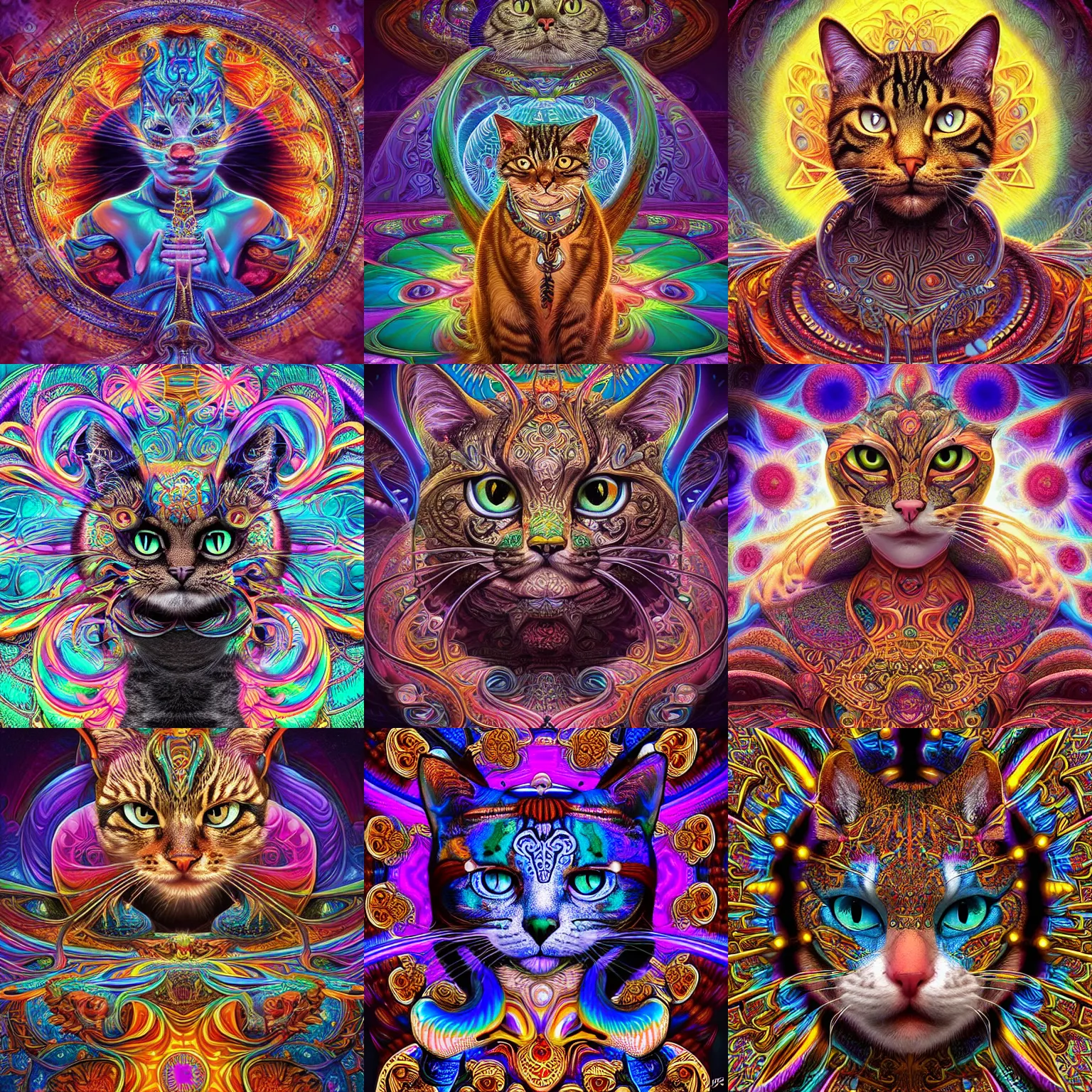 Prompt: a intricate ornate psychedelic image of a cat shaman, digital art by artgerm, alex grey, dan mumford, felix kelly, psychedelic art, psychedelic, fractalism, fractals, sacred geometry, trending on artstation, art, hyper realism, highly detailed, cgsociety, octane render, 3 d