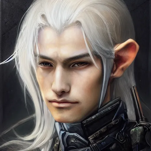Prompt: portrait of an elf by ayami kojima, he is about 2 0 years old, androgenic, long white hair, slender and tall, smirk, he is wearing a modern tactical gear, scifi, highly detailed portrait, digital painting, artstation, concept art, smooth, sharp foccus ilustration, artstation hq