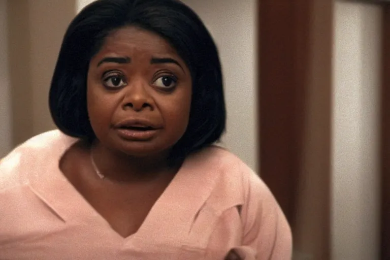 Image similar to screenshot of close up of octavia spencer removes a small hearing device with tweezers from her left ear, iconic scene from the paranoid sci fi thriller film directed by stanley kubrick, apartment set in the near future, cinematic shot with anamorphic lenses, color theory, apartment design, leading lines, photorealistic, volumetric lighting