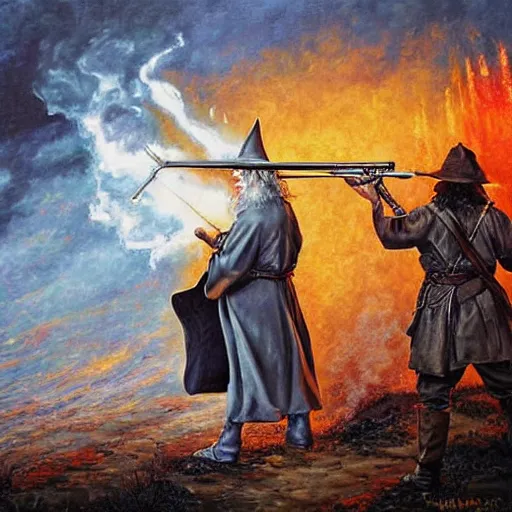 Prompt: gandalf firing a shotgun in battle, oil painting, war photo, anger, fire, dramatic, very detailed, 4k, by Jeffrey Smith and Erin Hanson and Chad Knight