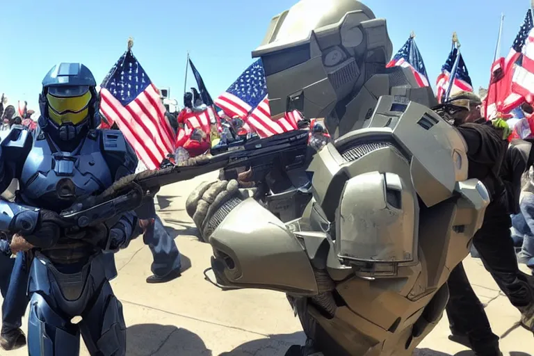 Image similar to master chief at a maga rally