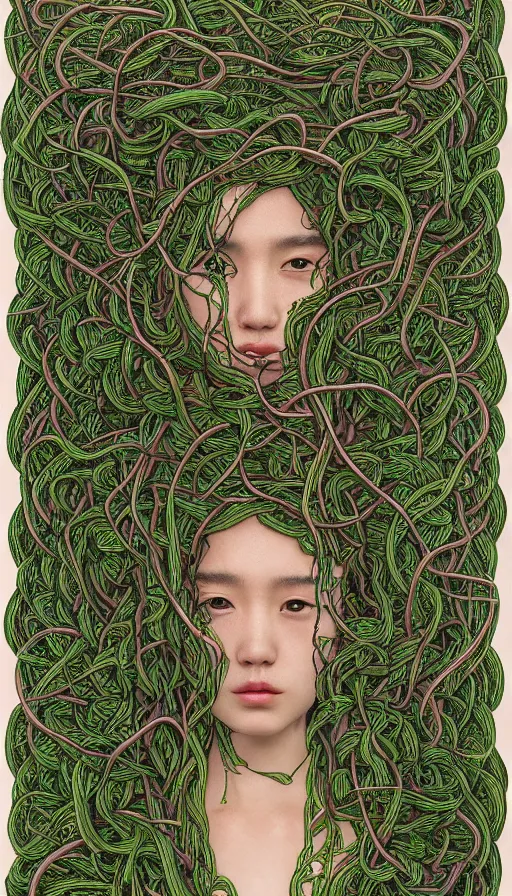 Image similar to very detailed portrait of a 2 0 years old girl surrounded by tentacles, the youg woman visage is blooming from fractal and vines, by zeng fanzhi