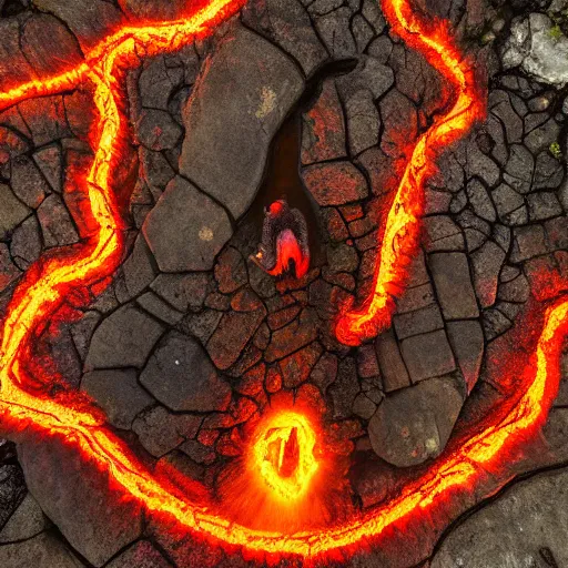 Prompt: nature photograph of a mythological dragon bathing in lava, cryptid, unexplained phenomena, drone photography, 8k