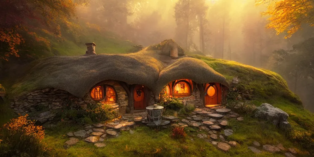 Image similar to a hobbit cottage on top of a steep hill, greg rutkowski, zabrocki, moebius, karlkka, jayison devadas, highly detailed, autumn sunlights, smoky atmosphere, ( ray of sunlight ), trending on artstation, sharp details, 8 k, ultra wide angle, zenith view, lens effect