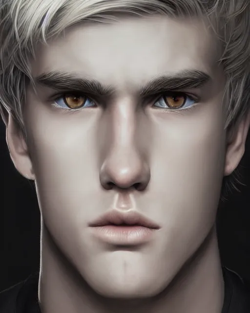 Image similar to portrait a 1 5 - year - old boy, with slender, white - blond hair, cold grey eyes, a pale complexion with sharp and pointed features, wearing black clothes, hyper realistic face, beautiful eyes, character art, art by mark brooks, hyperdetailed, cryengine, trending on artstation, digital art