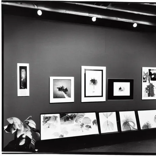 Image similar to A black and white photography of an exhibition space with works of Sun Ra, Marcel Duchamp and tropical plants, 60s, offset lithography print