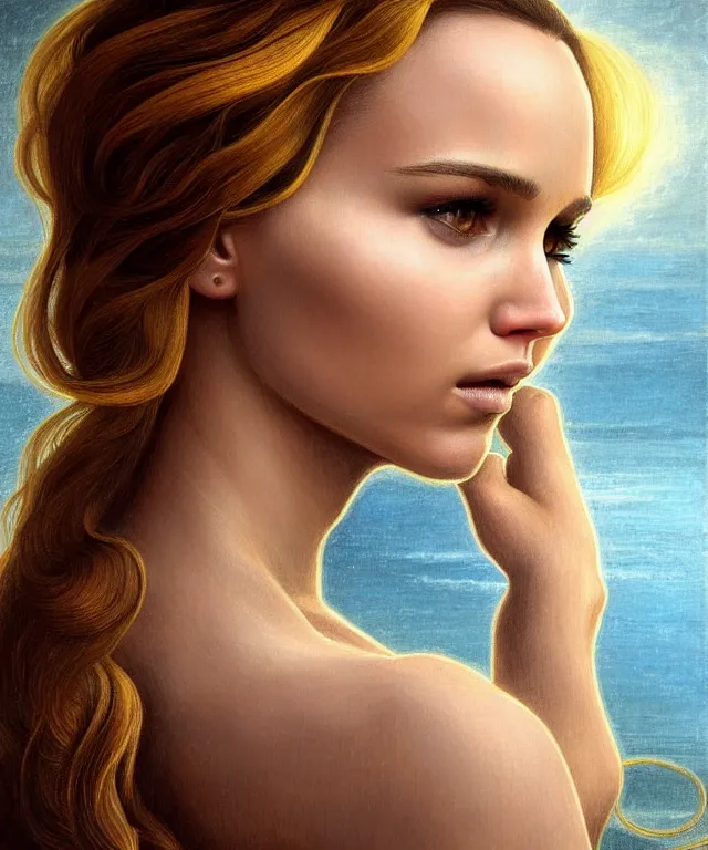 Image similar to half nathalie portman half Jennifer lawrence a fantasy magic woman portrait by Sandro Botticelli, oil painting masterpiece, sci-fi, loving amber eyes, face, long hair, fantasy, intricate, elegant, highly detailed, digital painting, soft diffuse lightning, concept art, smooth, sharp focus, illustration, art by artgerm and greg rutkowski and alphonse mucha