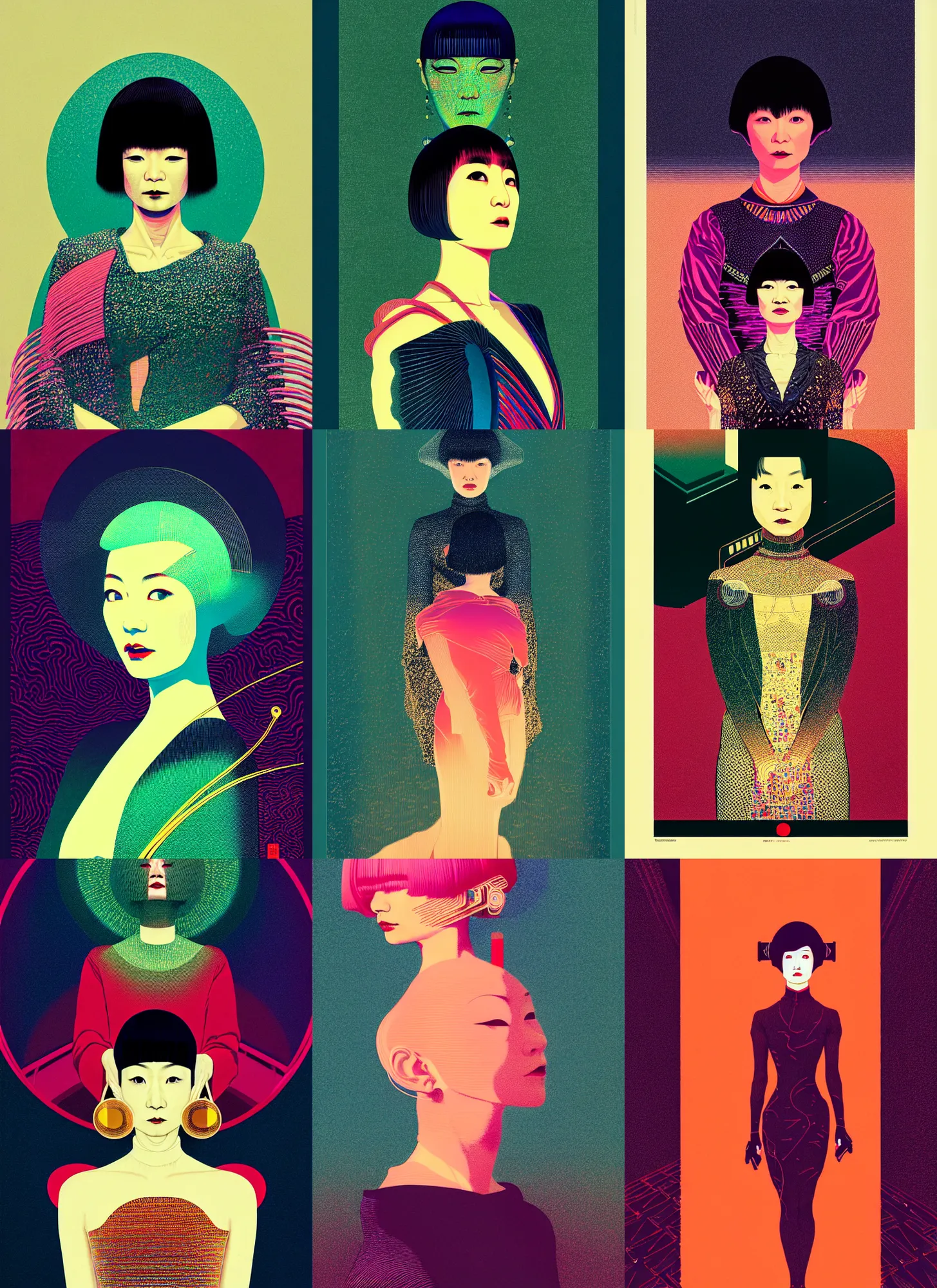 Prompt: ( ( dither ) ), editorial illustration portrait of shiina ringo, dynamic pose, modern art deco, colorful, ( ( mads berg ) ), christopher balaskas, victo ngai, rich grainy texture, detailed, dynamic composition, wide angle, moebius, matte print, wood block print, gustav klimt