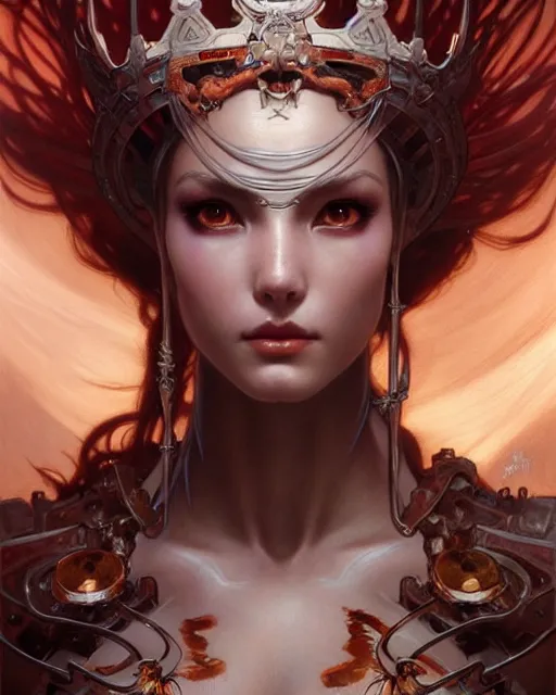 Image similar to concept art by artgerm, attractive i robot demon queen with crown and red eyes, soft natural light, intricate, elegant, highly detailed, digital painting, artstation, concept art, smooth, sharp focus, illustration, art by by gaston bussiere and greg rutkowski and alphonse mucha and uang guangjian and gil elvgren, symmetry!!