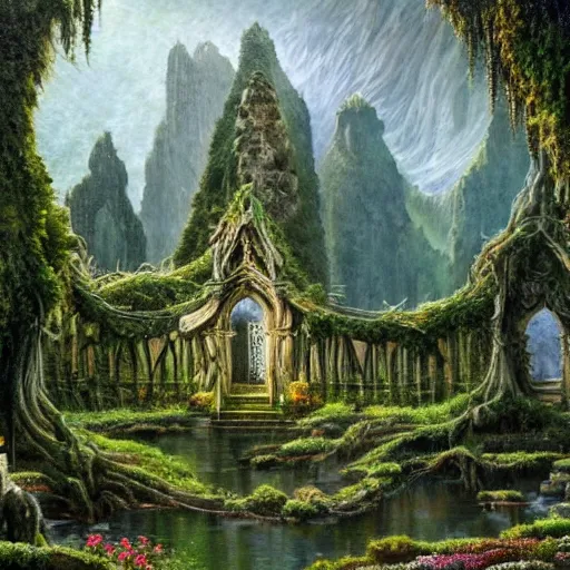 Prompt: a beautiful and highly detailed oil painting of an elven temple in the mountains, beautiful vine covered trees, lush plant growth, tall grass, flowers, intricate details, epic scale, insanely complex, rivendell, 8 k, sharp focus, hyper realism, fantasy landscape, psychedelic, by caspar friedrich,