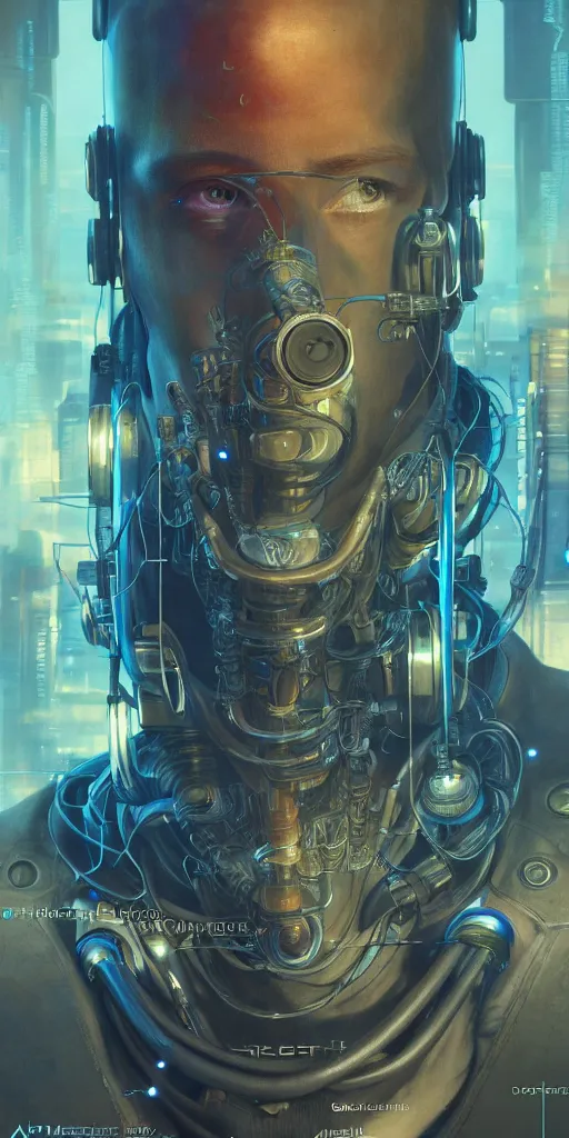 Image similar to ultra detailed photorealistic cyberpunk character, poster, sci fi, cybernetic, wires, robotics, by alfons maria mucha, ultra realistic illustration, high detailed, 4 k, hd, high quality