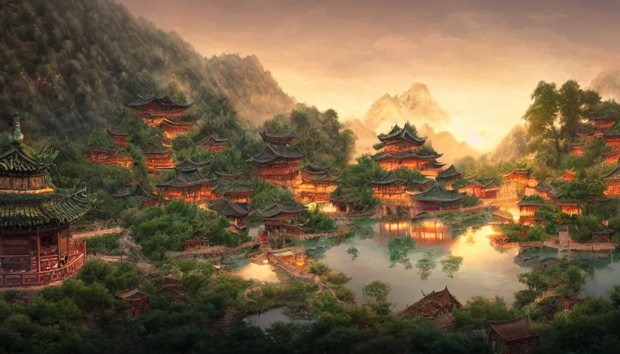 Image similar to chinese village built around a lake with forest at the foot of green gigntic mountains at sunset, fireplace, hyperdetailed, artstation, cgsociety, 8 k