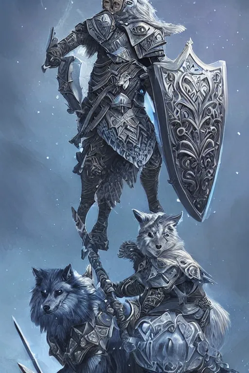 Prompt: Fantasy Paladin holding a tower shield and a spear, wearing an intricate azure full plated armor, Wolf companion by their side, moonlit, HD, illustration, epic, D&D, fantasy, intricate, elegant, highly detailed, digital painting, artstation, concept art, smooth, sharp focus, illustration, art by artgerm and greg rutkowski and alphonse mucha