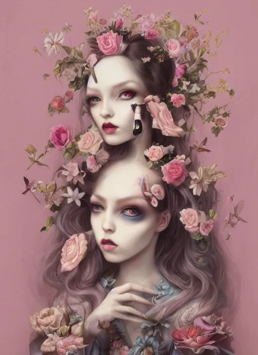 Image similar to pop surrealism, lowbrow art, realistic cute alice dress painting, japanese street fashion, hyper realism, muted colours, rococo, natalie shau, loreta lux, tom bagshaw, mark ryden, trevor brown style,