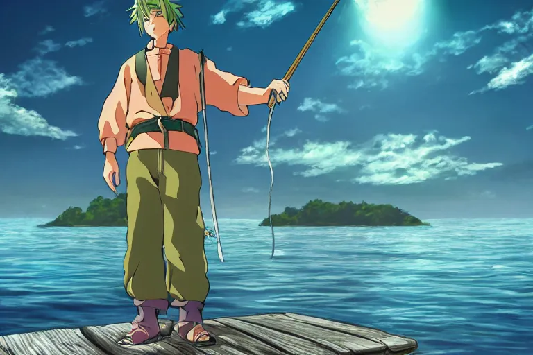 Image similar to cell shaded anime key visual of a fantasy isekai fisherman on a lake in the style of studio ghibli, moebius, makoto shinkai, dramatic lighting