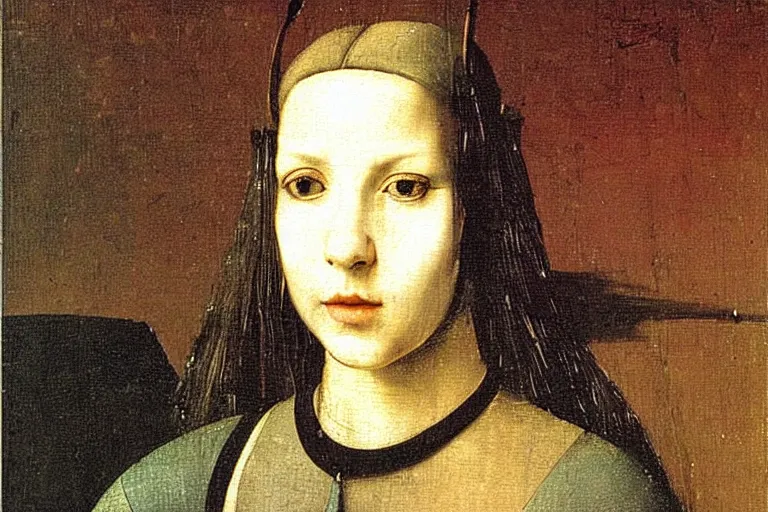 Prompt: close up portrait of a punk girl in a cyberpunk city, oil painting by canaletto hieronymus bosch leonardo da vinci