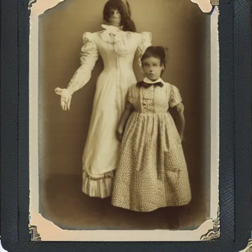 Image similar to portrait of a life size victorian female robot standing in with a human child in her care, 8 k, soft lighting, highly detailed realistic, face in focus polaroid photography