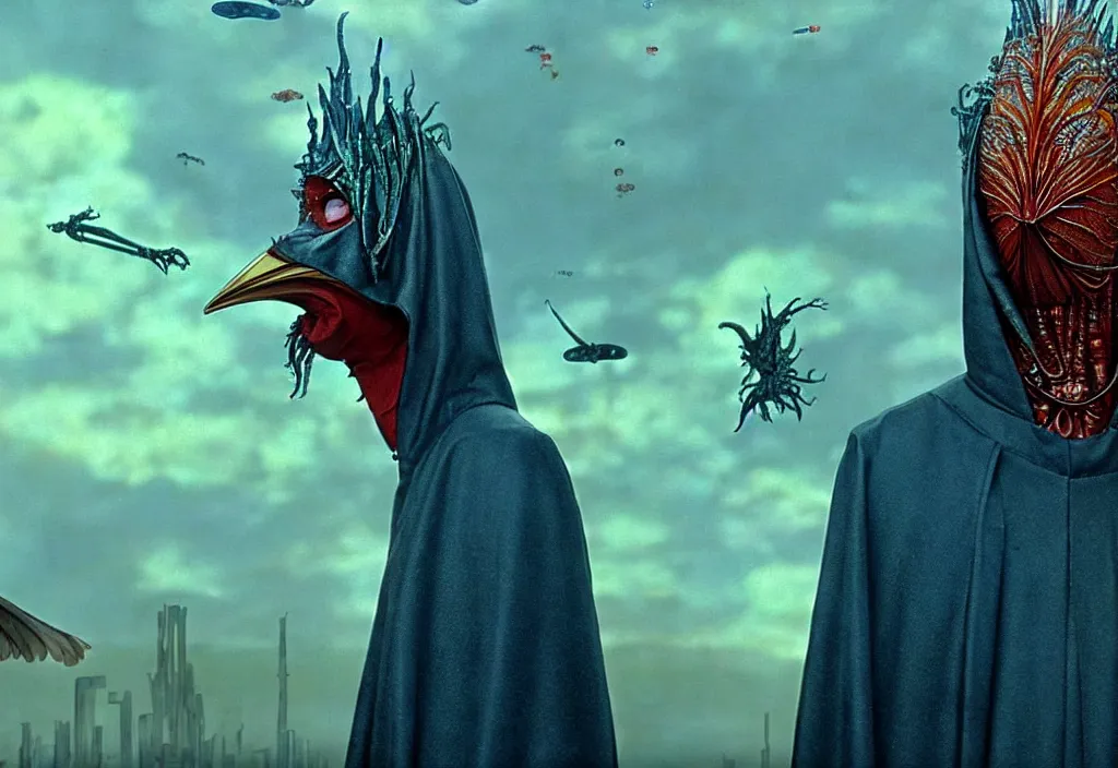 Image similar to realistic detailed portrait movie still of a birdman wearing dark robes, sci fi city landscape background by denis villeneuve, amano, yves tanguy, alphonse mucha, ernst haeckel, max ernst, roger dean, ridley scott, masterpiece, rich moody colours, blue eyes, snarling dog teeth