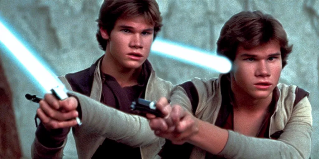 Image similar to a full color still of a teenaged Han Solo holding a lightsaber hilt during a sci-fi battle, cinematic lighting, 1999, directed by Steven Spielberg, 35mm