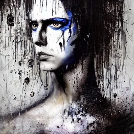 Image similar to stunning portrait of gaunt nik cave a ( the cure fan ) as dream from sandman, dim stars as eyes, by jeremy mann, by cedric peyravernay, by by russ mills, by richard avedon and ben templesmith, dramatic lightning, sadness, dark eye sockets, in the shadows, punk rock, gothic, high detailed, 8 k