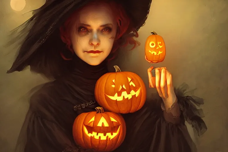 Image similar to portrait of a ghoulish victorian witch holding a jack - o - lantern, halloween night, charlie bowater, artgerm, ilya kuvshinov, krenz cushart, ruan jia, realism, ultra detailed, 8 k resolution