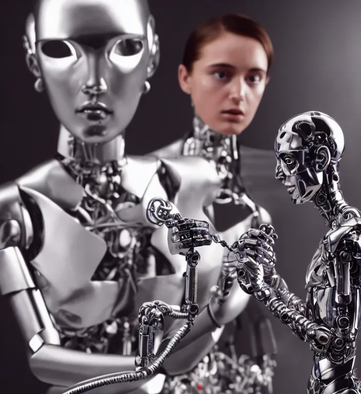 Image similar to professional 8k soviiiet portrait photograph of a young androgyne-cyborg sculpting a small chrome robot sculpture in a futuristic bright studio, by Raphael Santi, still from a 1999 movie by Gaspar Noé and James Cameron.