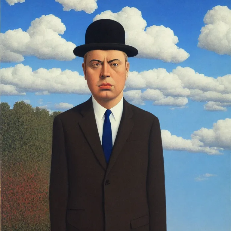 Image similar to portrait of a chrome - faced man in a suit, clouds in the background, by rene magritte, detailed painting, distance, centered, hd, hq, high resolution, high detail, 4 k, 8 k