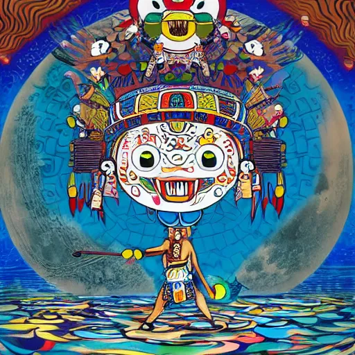 Image similar to a mayan warrior walking on water under the moon by takashi murakami, ernst haekl and james jean, aya takano color style, 4 k, super detailed