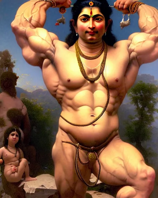 Image similar to amazing lifelike award winning realistic illustration of Angry muscular hindu God Shiva wearing sheshnaag around his neck in style of William-Adolphe Bouguereau, shiva body builder, blue skin, pumped biceps and abs, sitting on tiger skin, Himalayas in the background, hypermuscular, trending on artstation, artgerm, Greg rutkowski, alphonse mucha, cinematic, epic Lighting, photorealistic, Octane render, Unreal Engine, Art nouveau