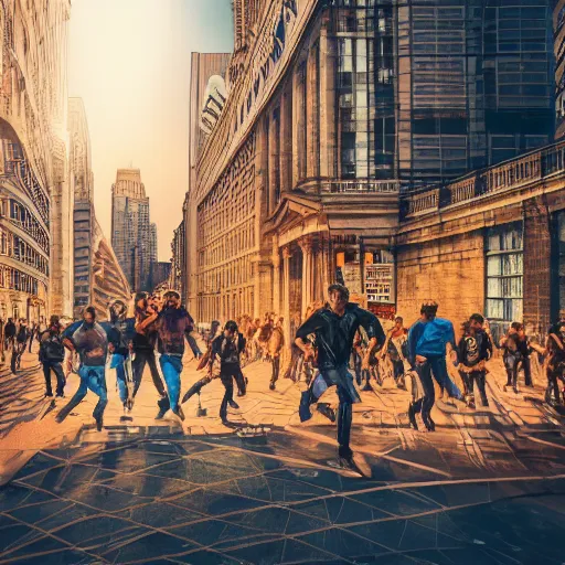 Prompt: bunch of people running away from a bitcoin giant in the city, hyper detailed, hdr, 8 k, beautiful lighting, dribbble art