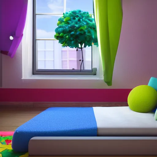 Prompt: eye - level view, in a child's bedroom filled with toys there is a bed under a window with a colorful bedspread. a super cute gsd puppy runs and jumps and plays with dog toys on the bed. hilarious, funny, back to school comedy, cg animation, 3 d octane render, imax 7 0 mm,