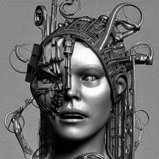 Prompt: 3 d chromium and graphite render of a cyborg machina - nymphette, portrait by tony diterlizzi and h. r giger, ilford hp 5, 5 5 mm, hyper realistic, hyper - mechanistic by artgerm, gustav dore, steve belledin, gothcore, disturbia, joseph christian leyendecker