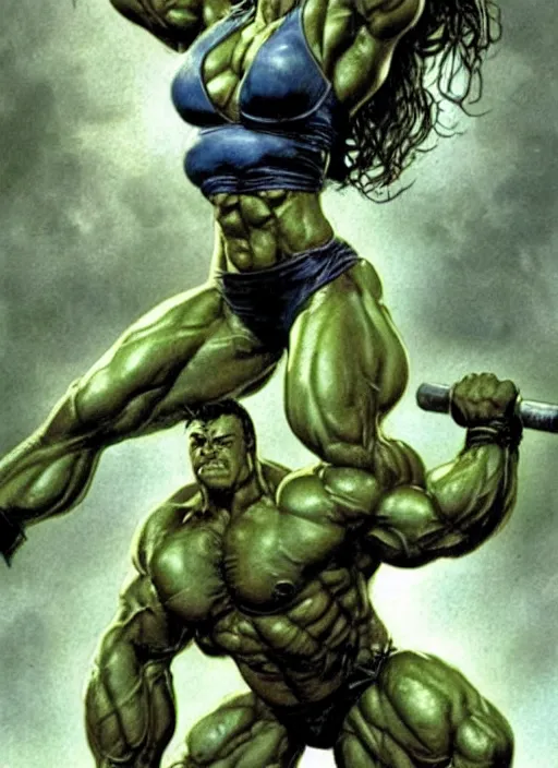 Image similar to jessica biel as she - hulk lifting barbell in overhead press. green skinned, muscular, bodybuilding woman, wheyfu. illustration luis royo, boris vallejo, detailed, realistic