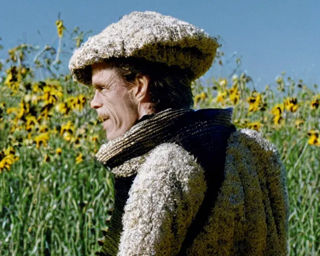 Image similar to William Dafoe in the bee costume on the sunny meadow with clear sky, film still, high detail