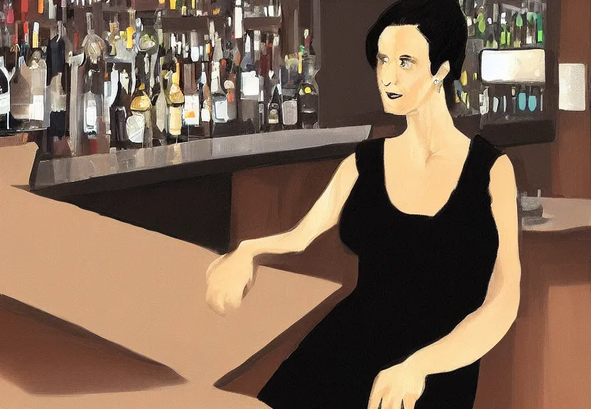 Prompt: a woman wearing a black dress sitting at a bar, digital art