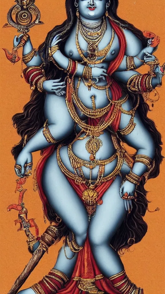 Prompt: curvy body of hindu goddess devi, holding a skull on one hand and trident on another, posing for playboy photoshoot