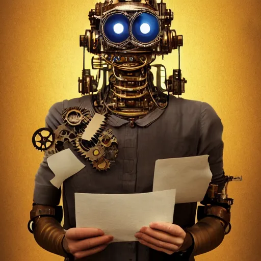 Image similar to a beautiful intricate fine art portrait photo of a happy mechanical industrial steampunk robot reading a letter of admission held in hands, by anna dittman and zach sutton, eyes glowing, happiness!, perfection!, studio lighting, golden ratio composition, 50mm lens, bionic, cybernetic scifi, deep depth of field, artstation, 8K